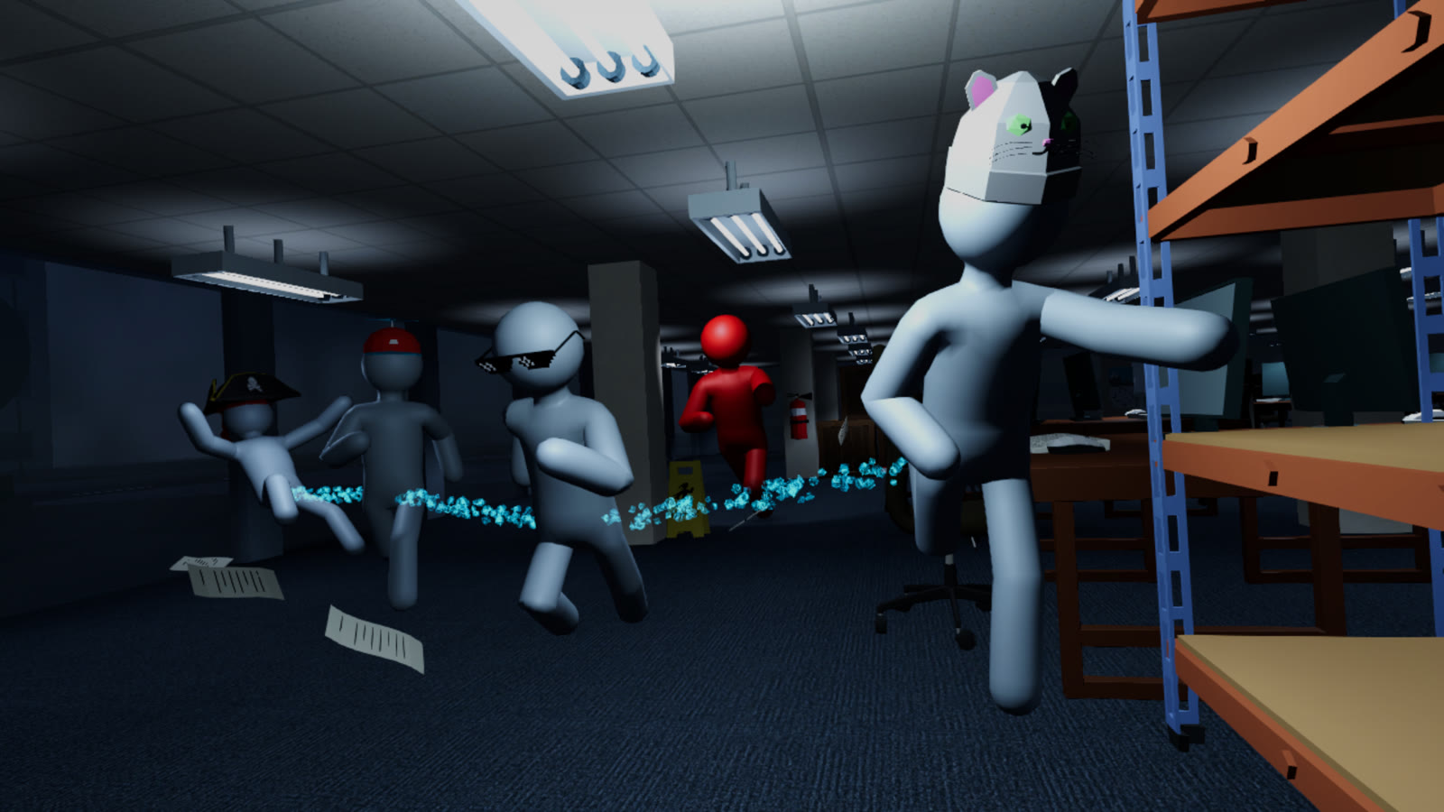 Survivors and the Hunter running through an office, linked by a blue trail.