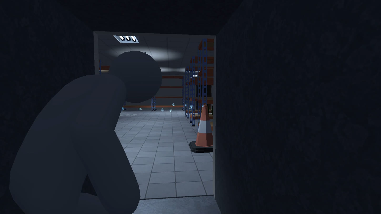 A Survivor looking around a corner into a storage aisle.