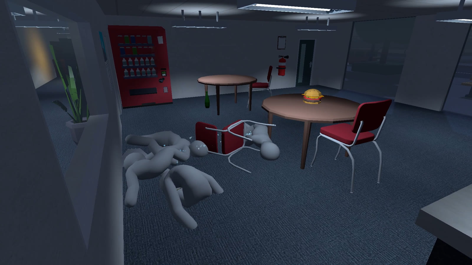 Survivors lying in a break room next to a vending machine.