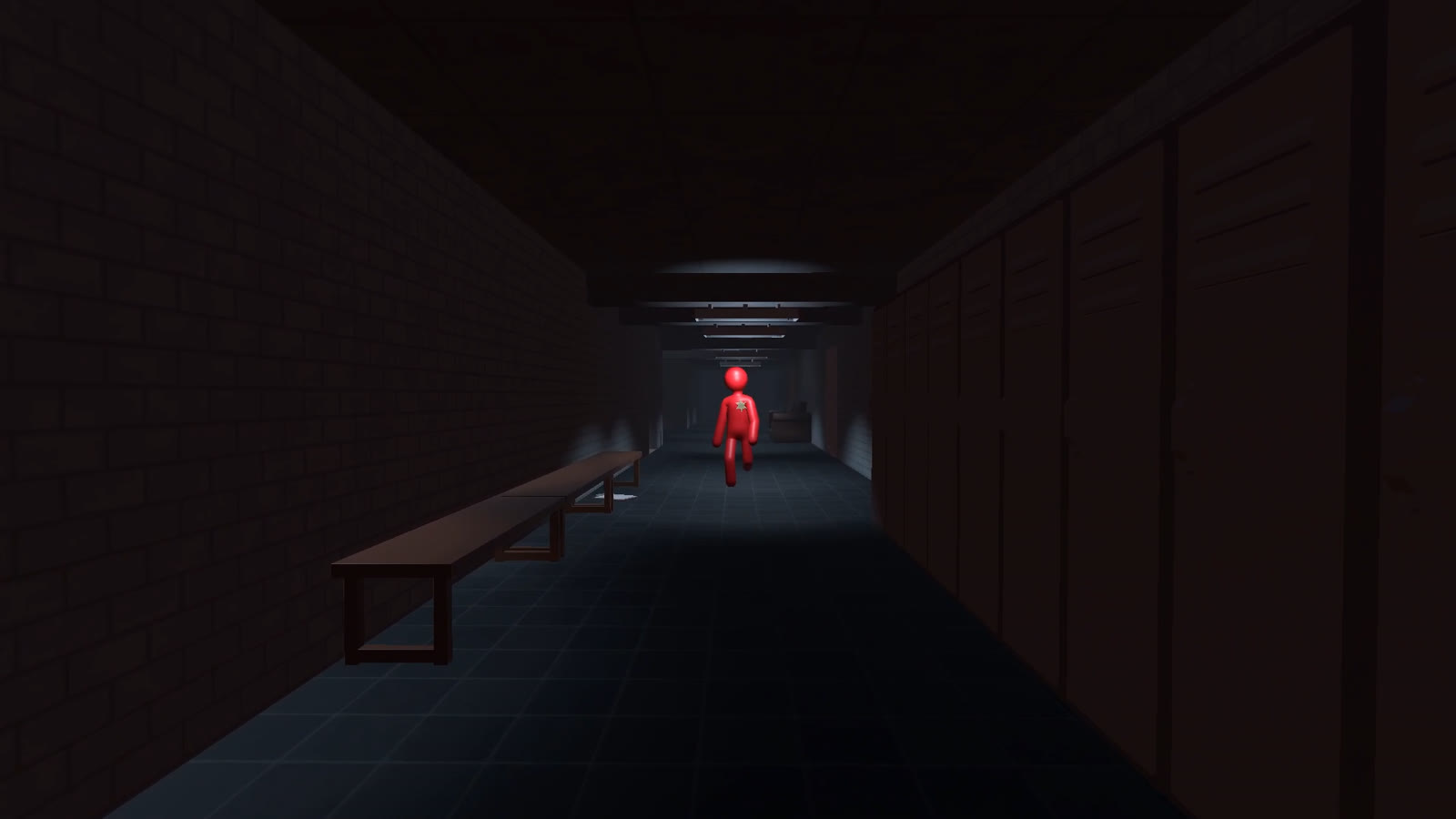 The Hunter running down a locker hallway.