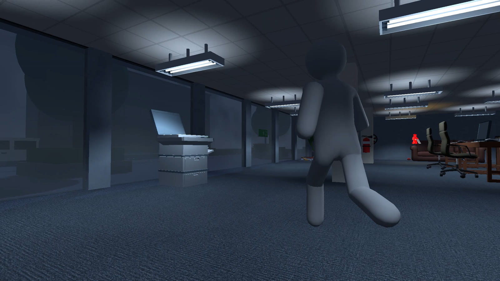 A Survivor running through a dark office.